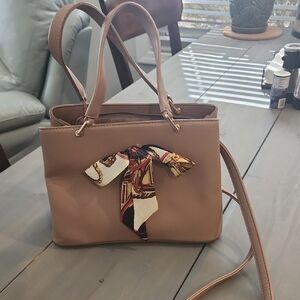 Elegant Tan Handbag with Scarf Accent